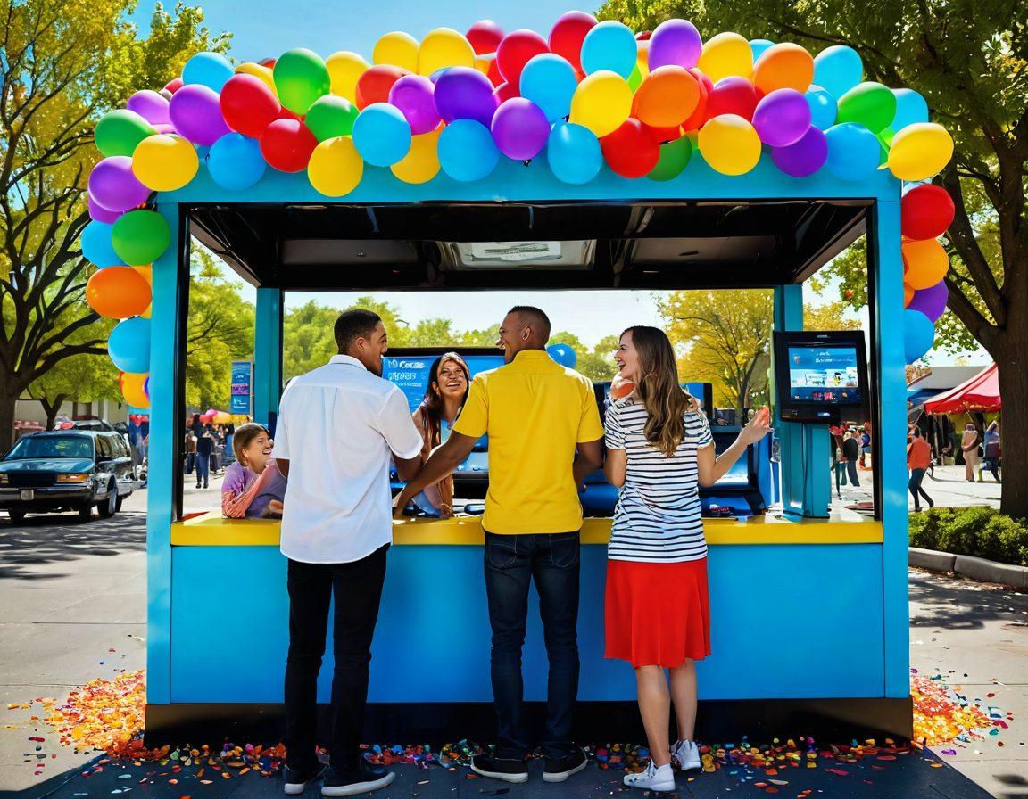 A joyful scene depicting a family laughing and celebrating as they pay their fines at a bright and colorful digital kiosk; colorful balloons and confetti surround them, contrasting with a previous grim atmosphere. The kiosk displays cheerful graphics and rewards for timely payments. The background showcases a sunny park filled with people enjoying various activities. vibrant colors. super-realistic.