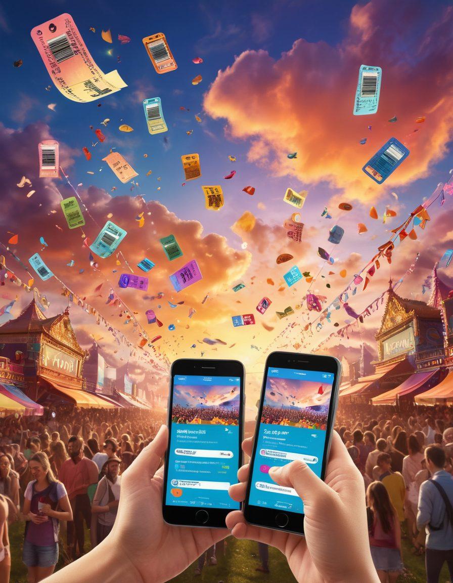 A serene landscape featuring a diverse group of people joyfully using their smartphones while surrounded by vibrant festival elements, like colorful tickets floating in the air, symbolizing happiness and convenience in ticket management. The background includes a picturesque sunset and soft clouds. Super-realistic. Vibrant colors.